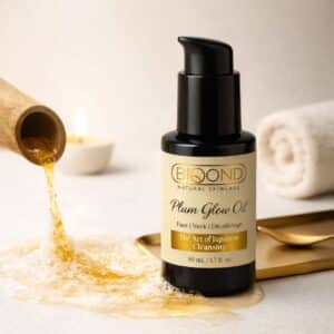 Plum Glow Oil cleansing oil by BIOYOND with pouring oil texture on light background